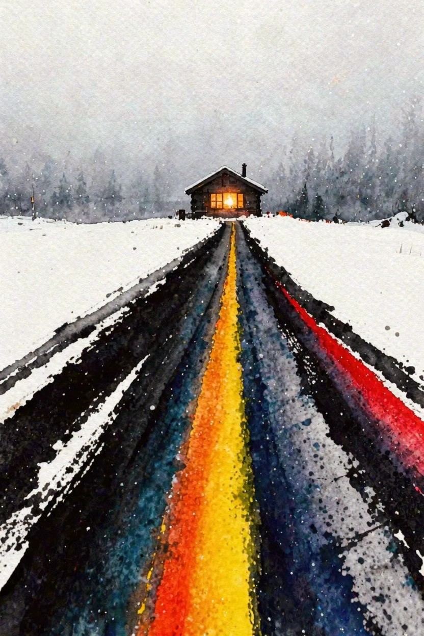 Watercolor of rainbow path through snow leading to glowing cabin in winter forest