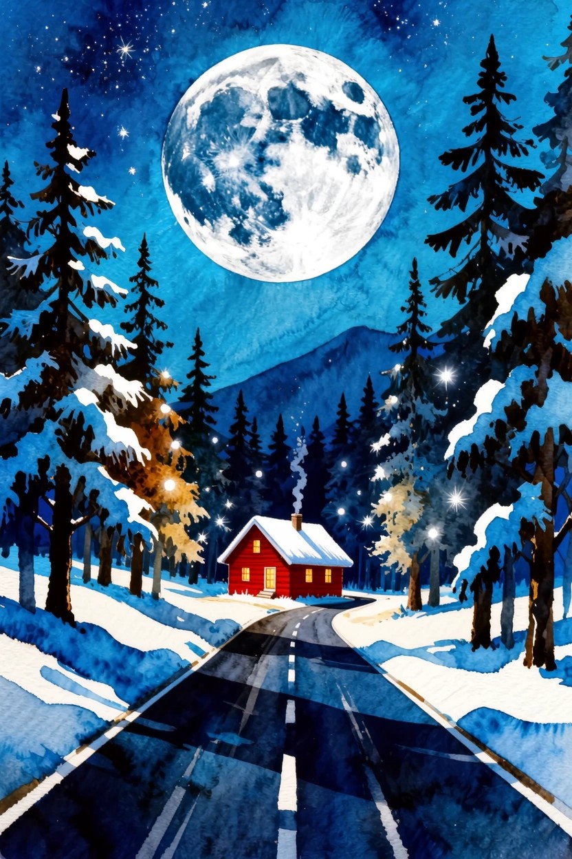 Watercolor of red cabin by snowy road under glowing full moon and stars.