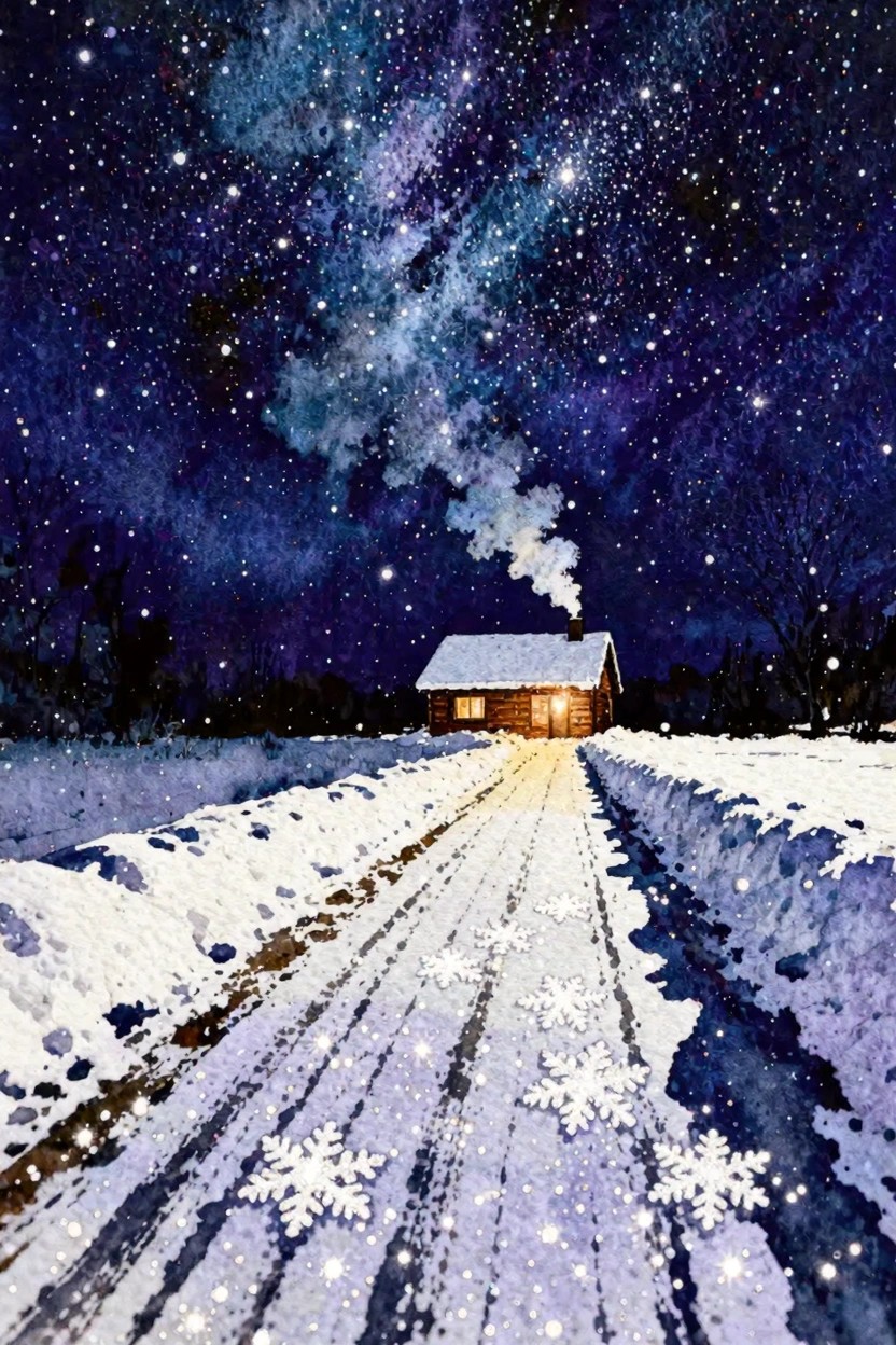 Watercolor of snowy log cabin under starry night sky with glowing path and smoke