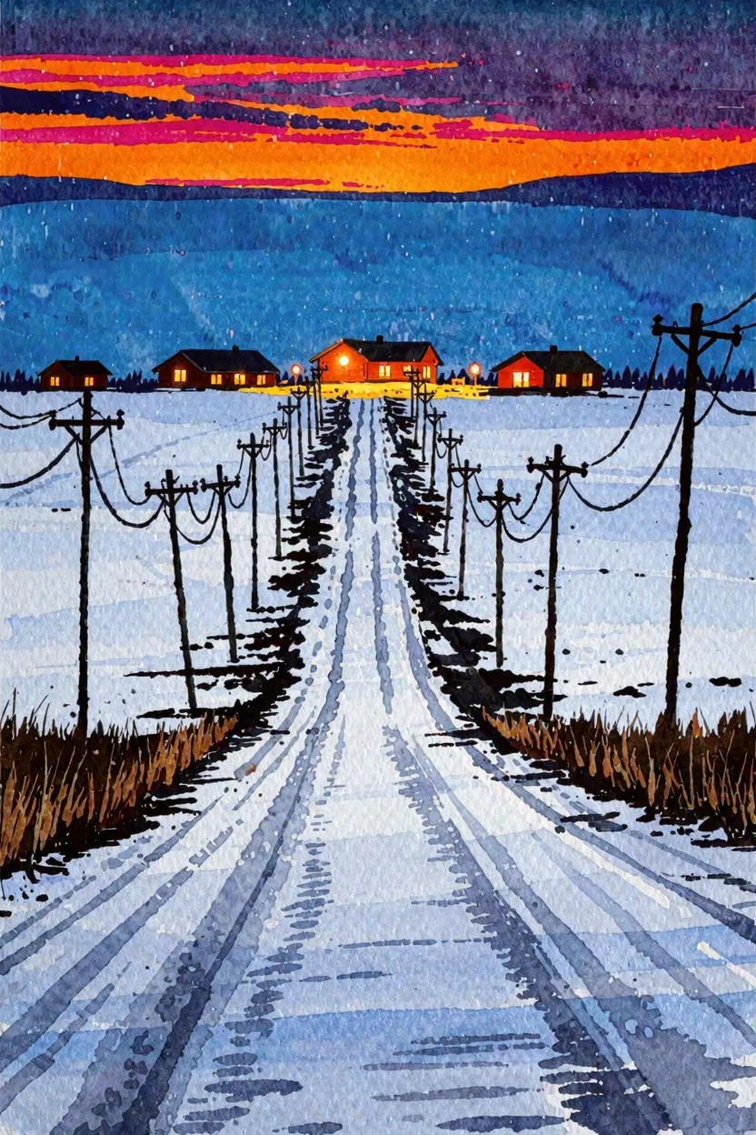 Watercolor painting of a snowy road with tire tracks and power lines leading toward several small cabins with glowing windows under a bright orange and pink sunset sky.