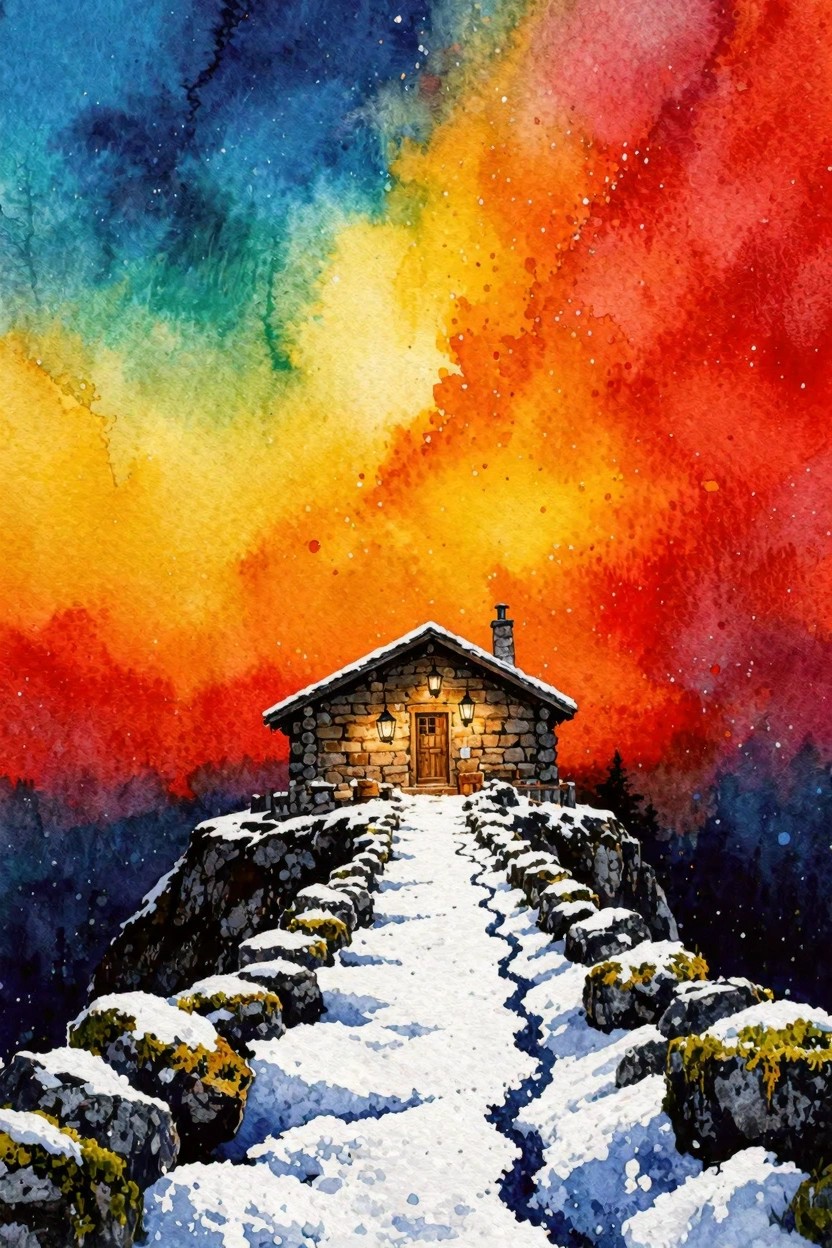 Stone cabin on snowy rocks under vibrant red-orange watercolor sky