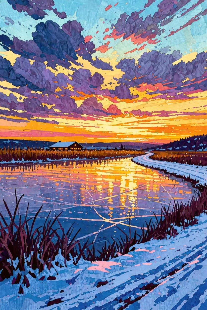 Vibrant sunset reflects on frozen lake beside snowy path and distant cabin