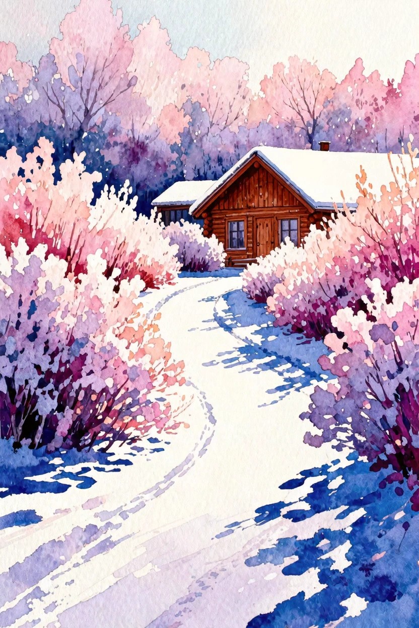 Winding snowy path leads to wooden cabin amid vibrant pink and purple bushes.