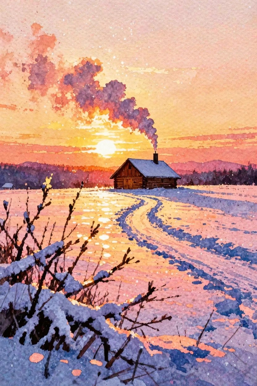 A watercolor painting of a wooden cabin in a snowy field at sunset with smoke from the chimney and a winding path leading to it, with snow-covered branches in the foreground.