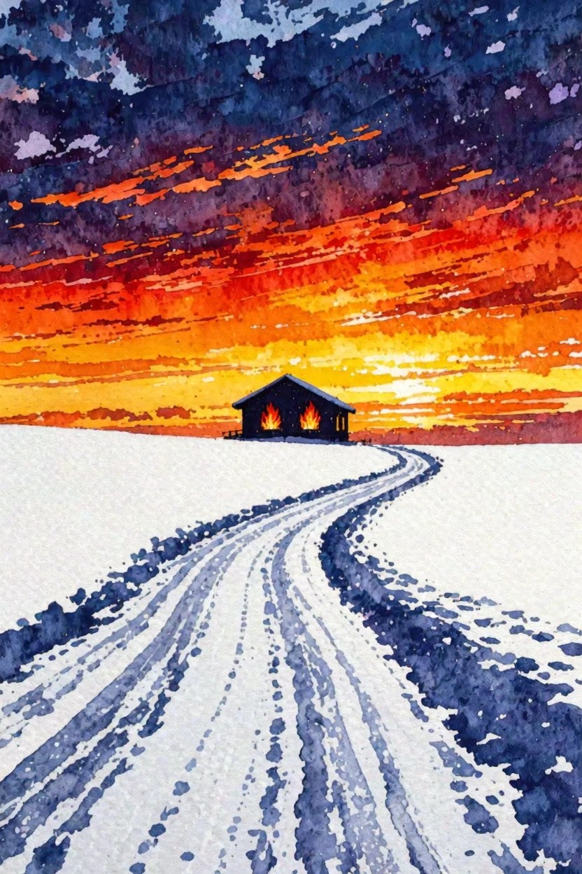A watercolor-style painting shows a small dark cabin with two glowing windows in a snowy field under a dramatic orange and purple sunset sky, with tire tracks curving through the snow toward the cabin.