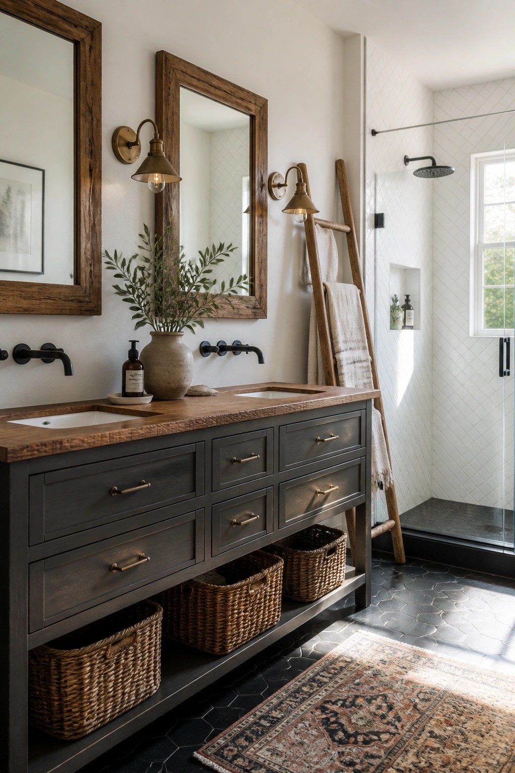 Dark charcoal gray vanity cabinets in a bathroom with wood countertop and woven storage baskets.