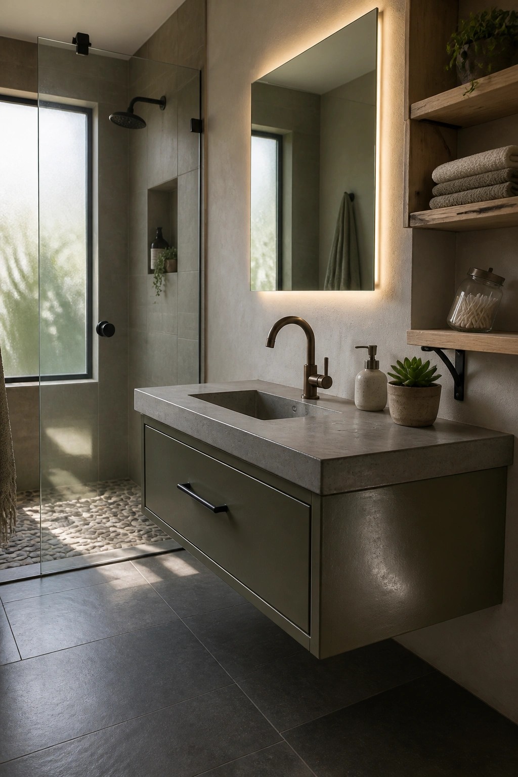 Modern bathroom with floating green vanity, concrete sink, backlit mirror, and pebble shower.