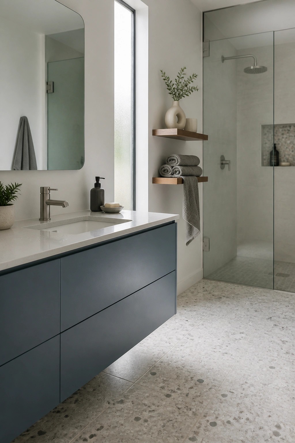 A floating bathroom vanity painted in deep blue gray with a white countertop.