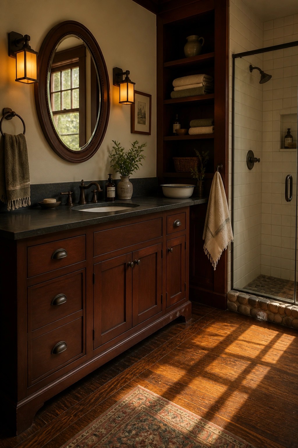 Rustic bathroom with dark wood vanity, oval mirror, shelves, and glass shower.
