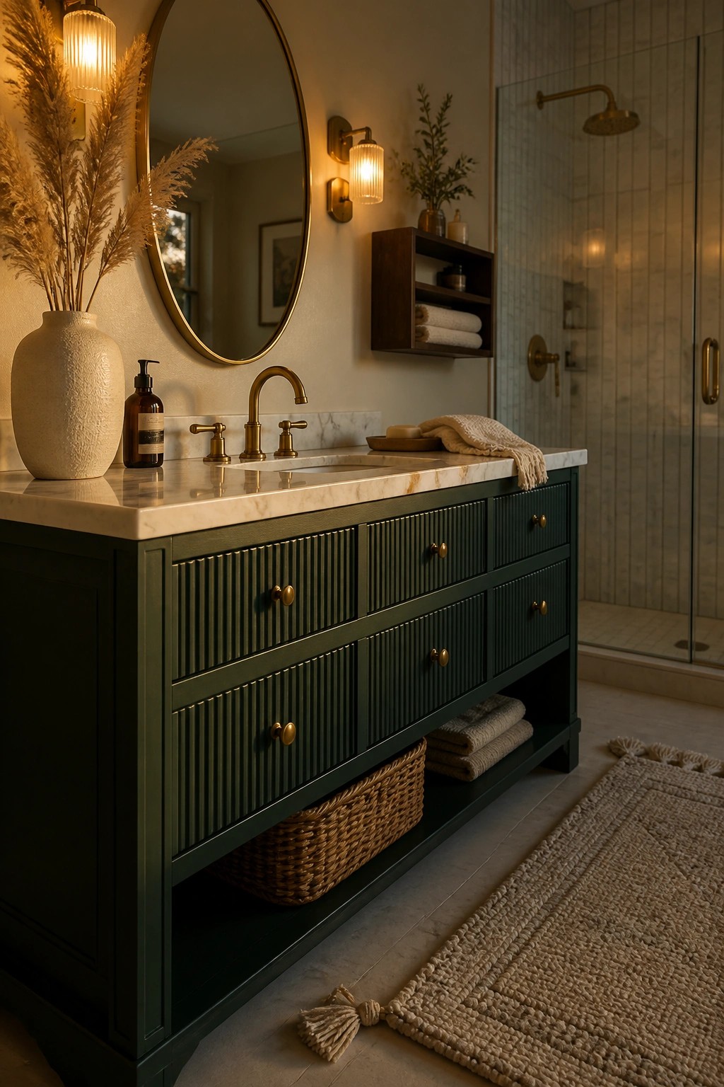 A bathroom vanity painted in a deep green with fluted drawers and a marble top.
