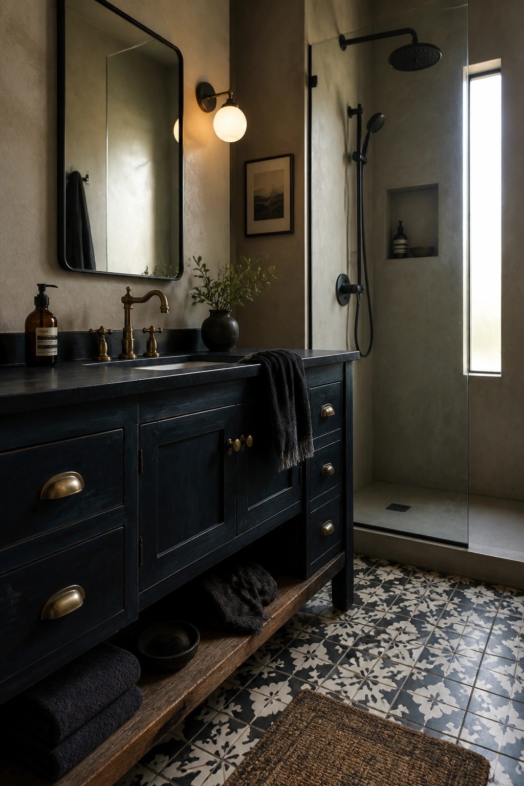 A bathroom vanity painted deep navy with brass hardware and a dark stone top.