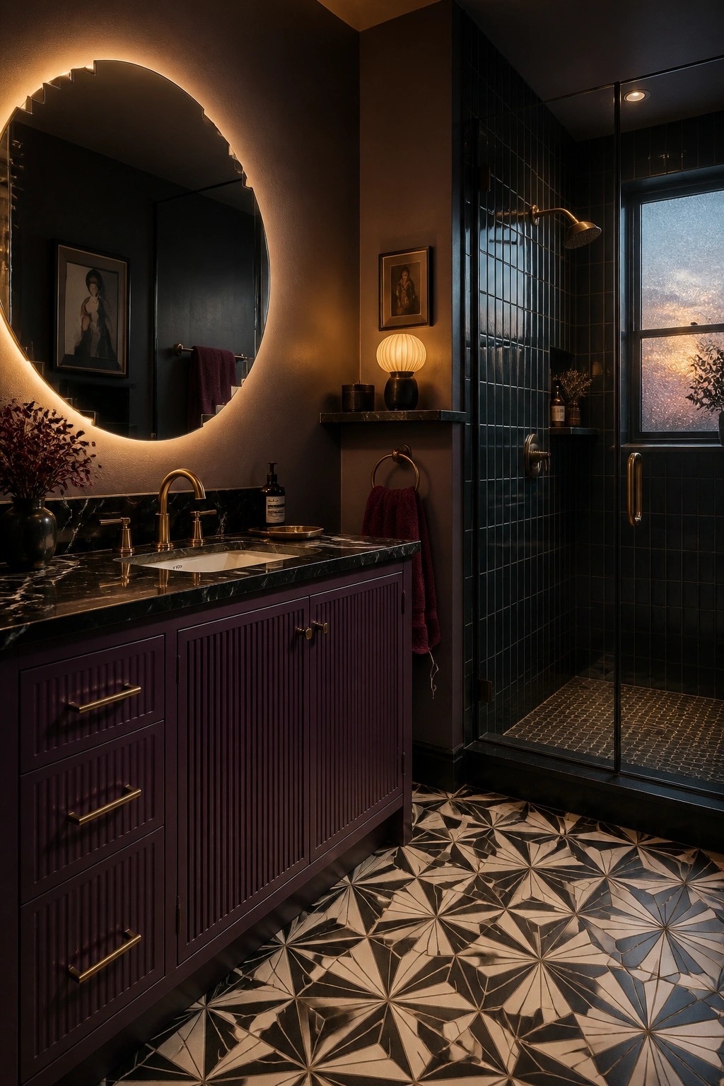 Dark purple bathroom vanity with glowing round mirror and black tiled shower