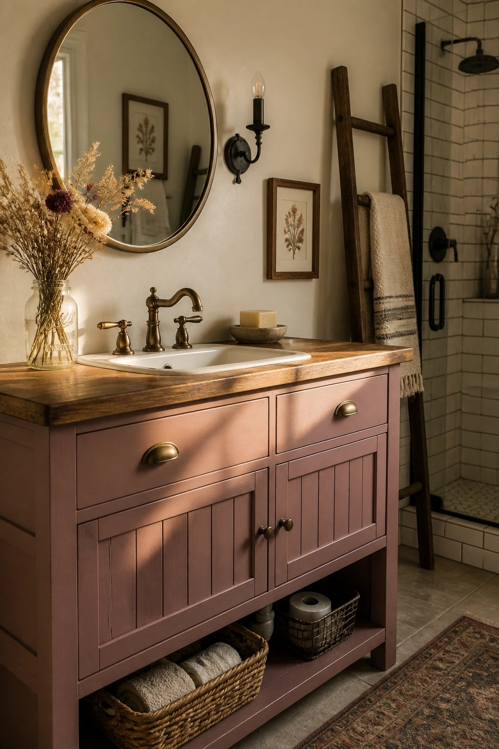 A bathroom vanity painted in a soft dusty rose with a wood top.