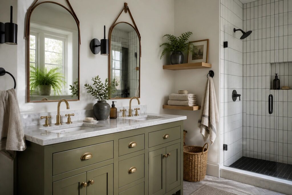 21 Designer Bathroom Vanity Paint Colors for Updating Cabinets Without a Full Remodel Bathroom vanity cabinets painted in a soft sage green.