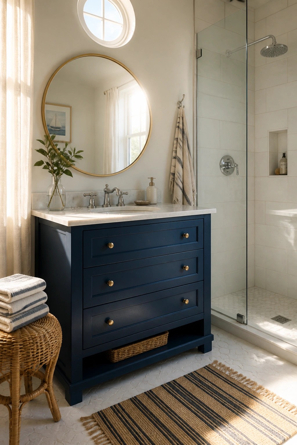 A navy blue bathroom vanity with white marble top and brass hardware.