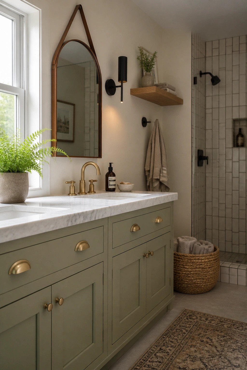 Bathroom vanity cabinets painted in a soft sage green.