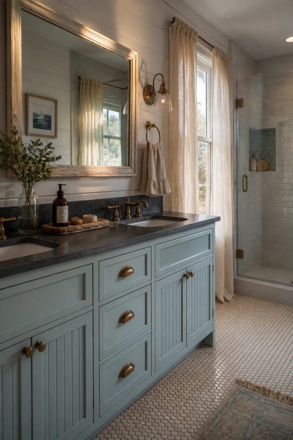 Bathroom vanity cabinets painted in a soft blue green shade.