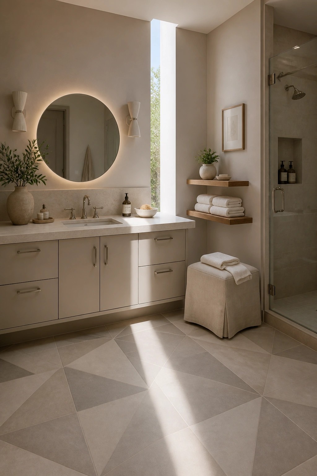 Bathroom vanity cabinets painted in a light greige finish.