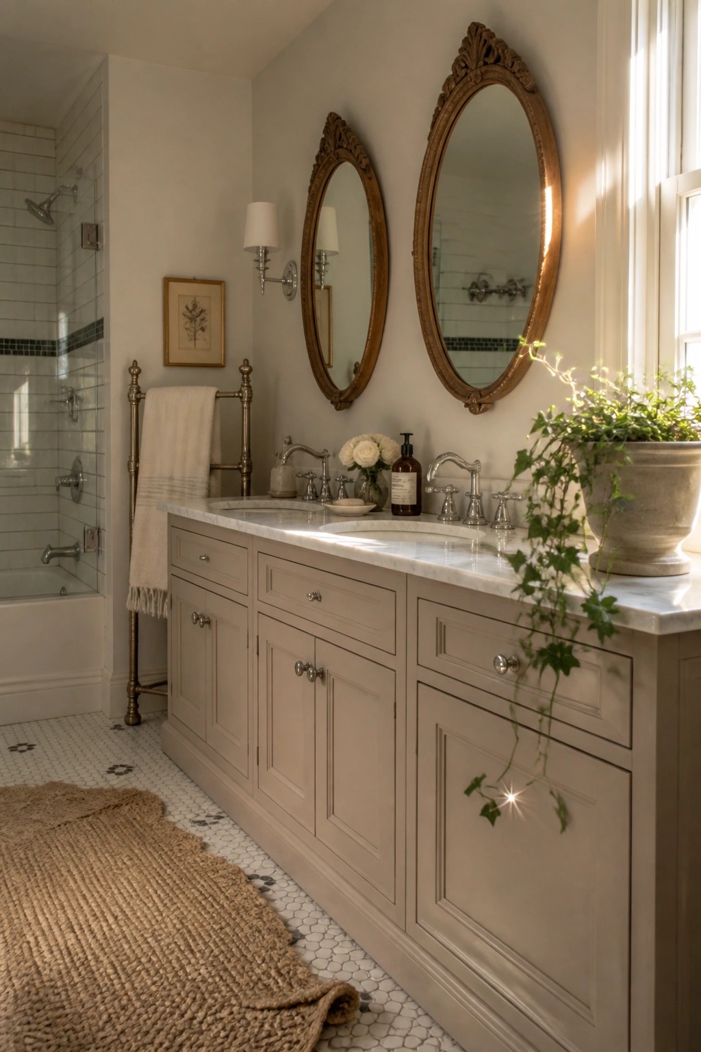 Bathroom vanity cabinets painted in a soft greige finish with marble countertops.