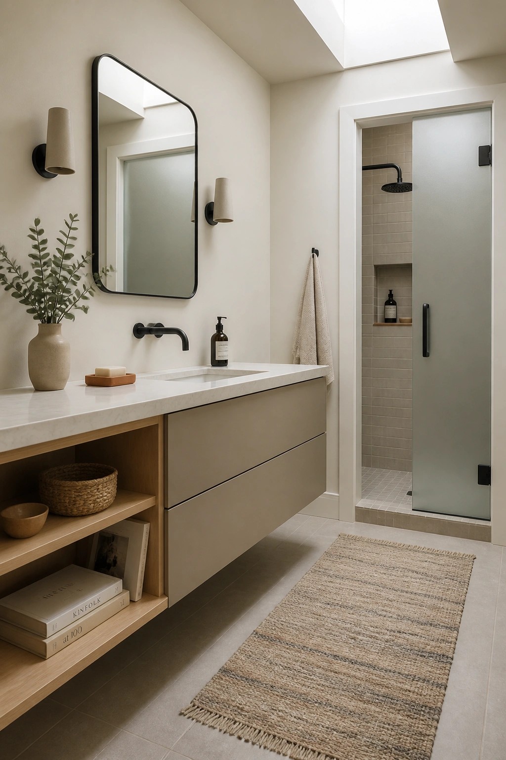 A bathroom vanity painted in soft greige with open wood shelving and a white countertop.