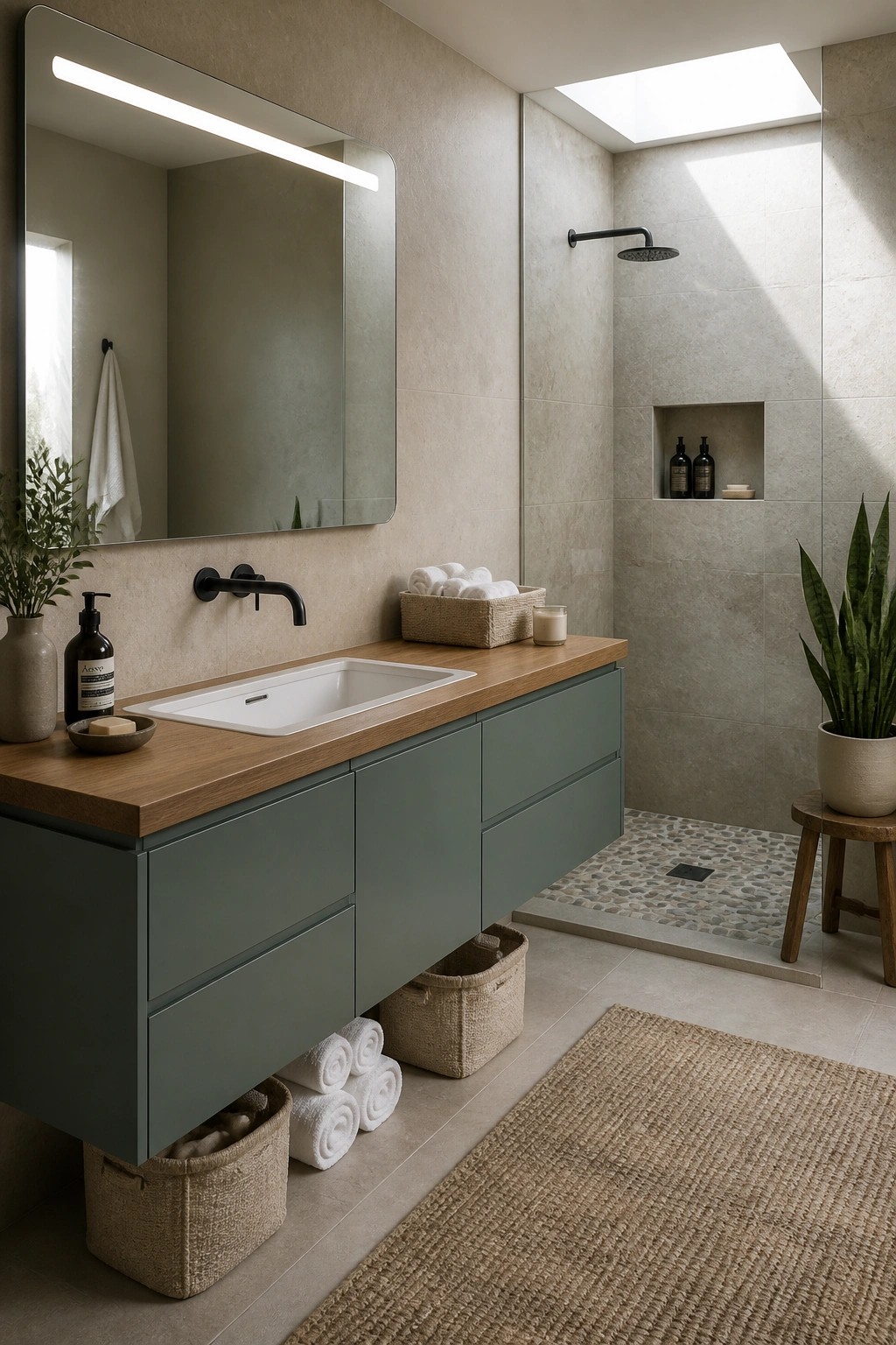 Bathroom vanity cabinets painted in a soft sage green with a wooden countertop.