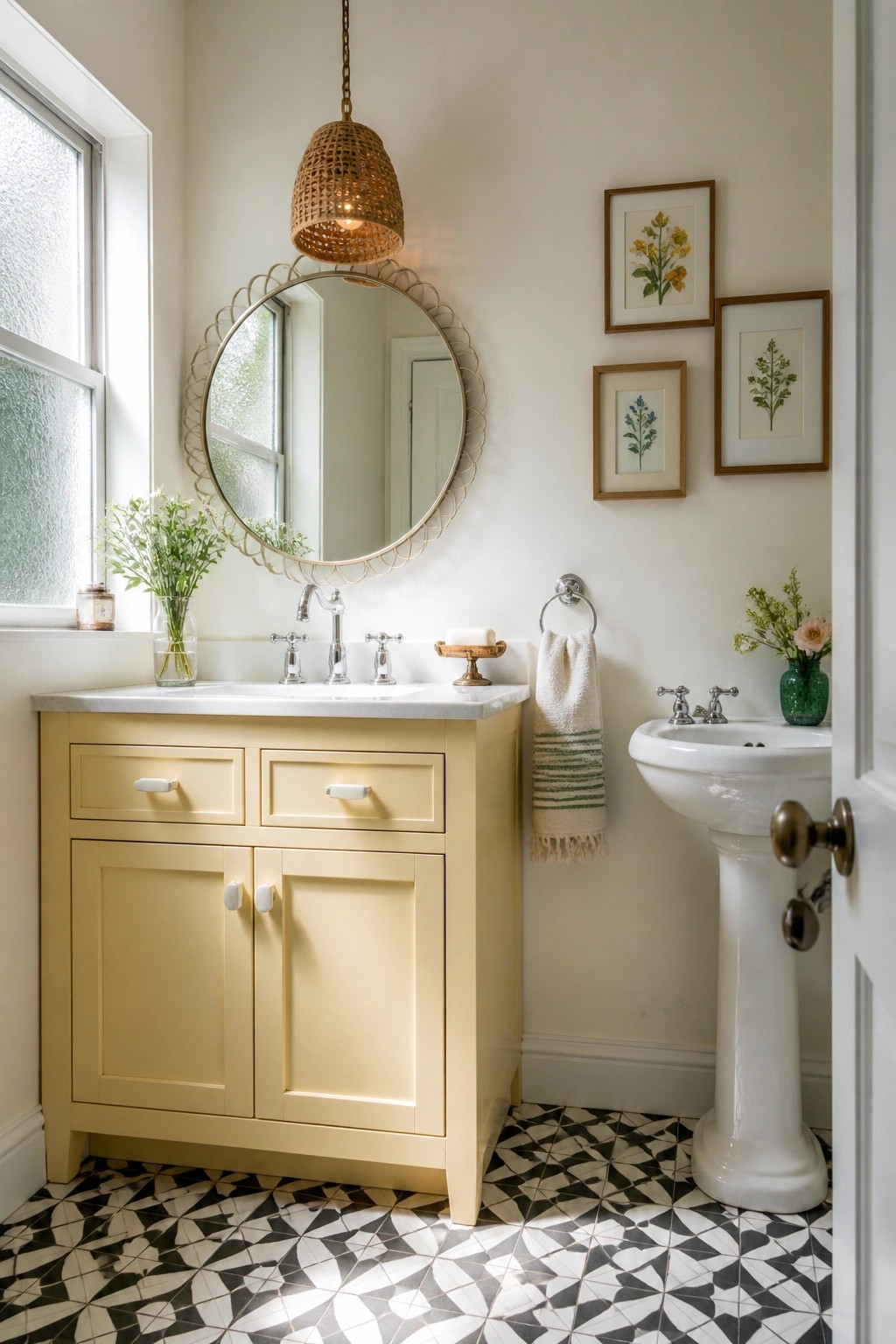 A soft yellow bathroom vanity with a marble top and round mirror above it.