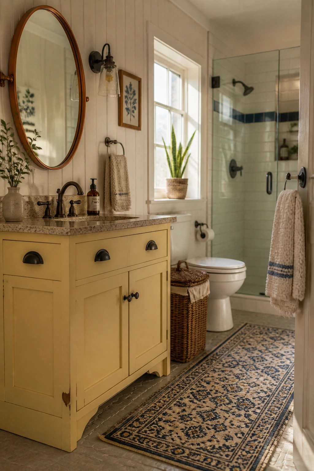 A bathroom vanity painted in soft yellow with a stone top.