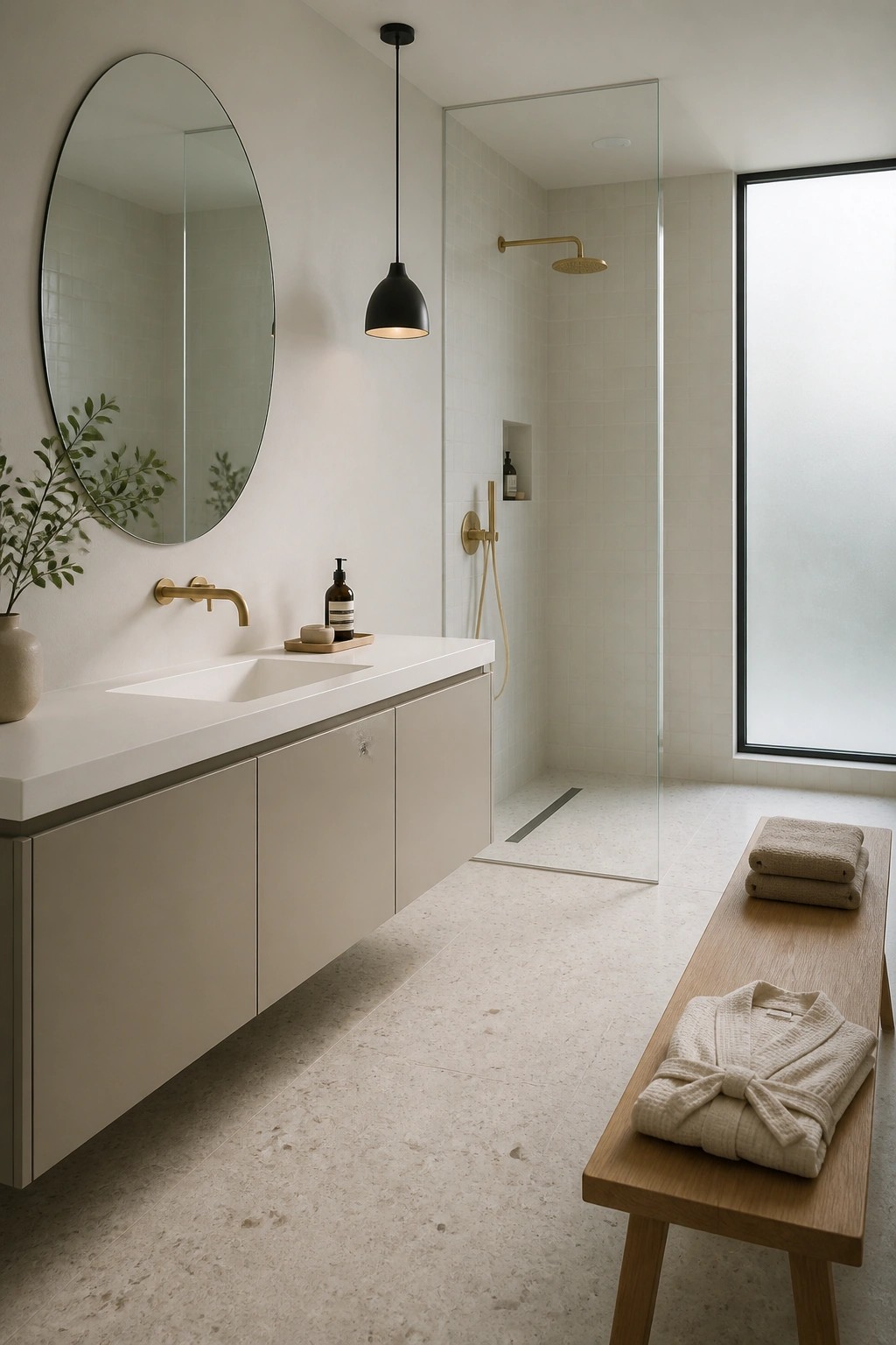 Bathroom vanity cabinets painted in a soft warm beige.