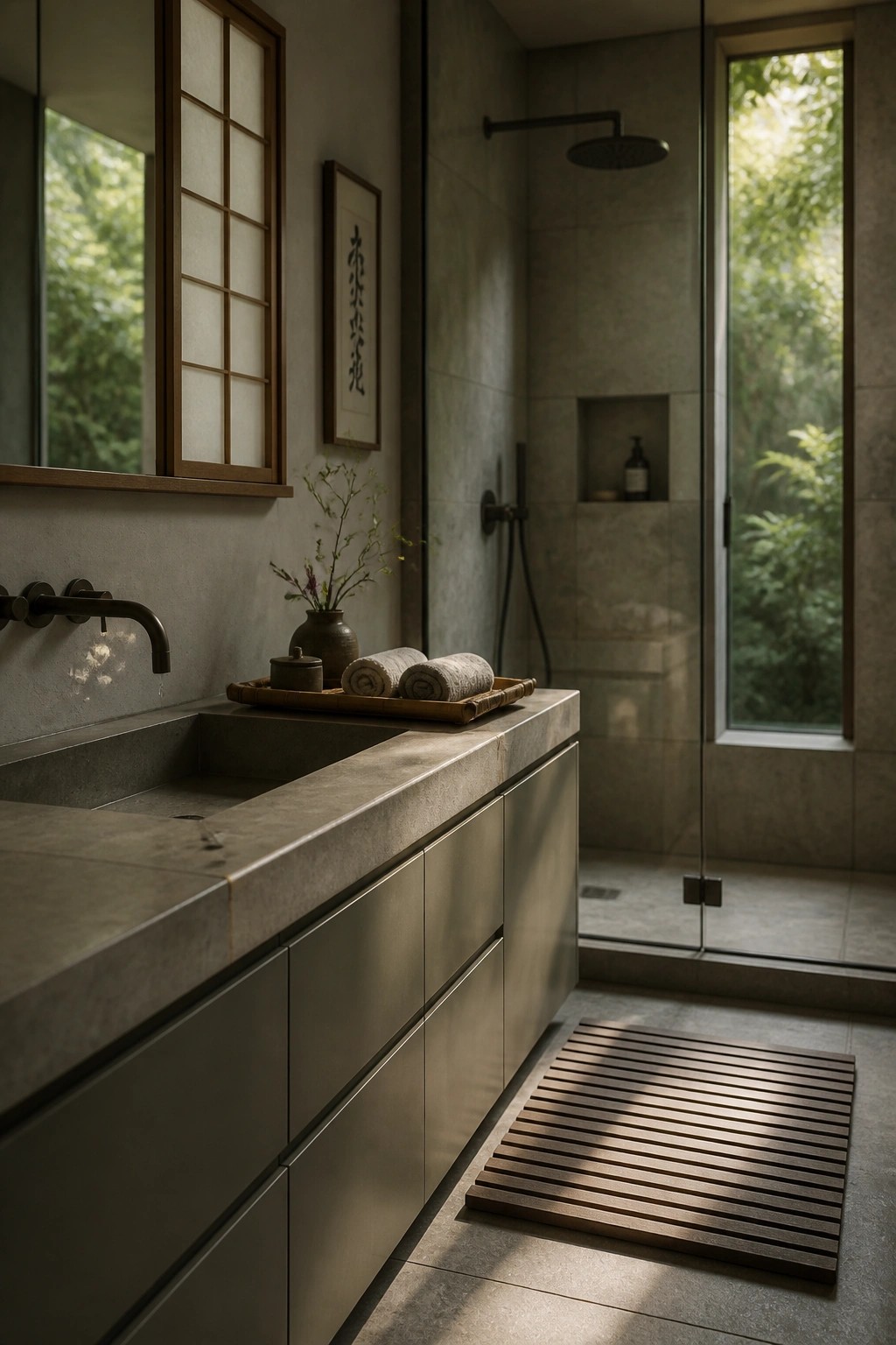 Bathroom vanity cabinets finished in a warm gray paint color.