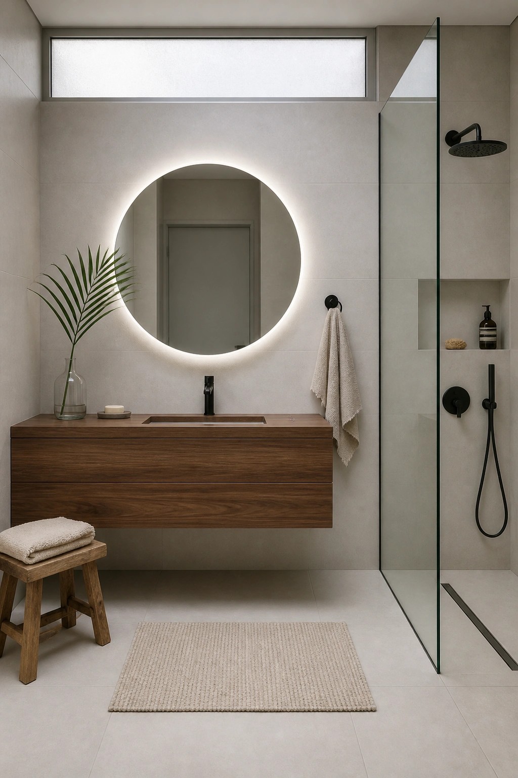 Light greige walls in a modern bathroom with a floating wood vanity.