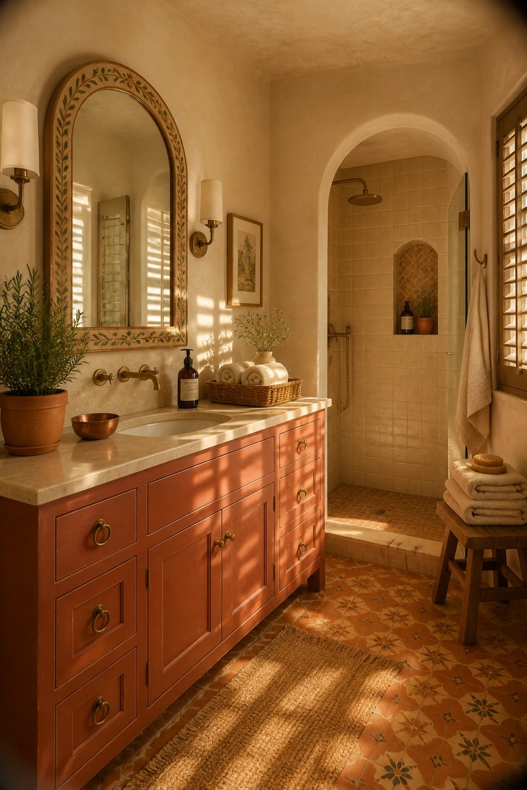 A bathroom vanity painted in warm terracotta with a stone countertop and tiled shower area.