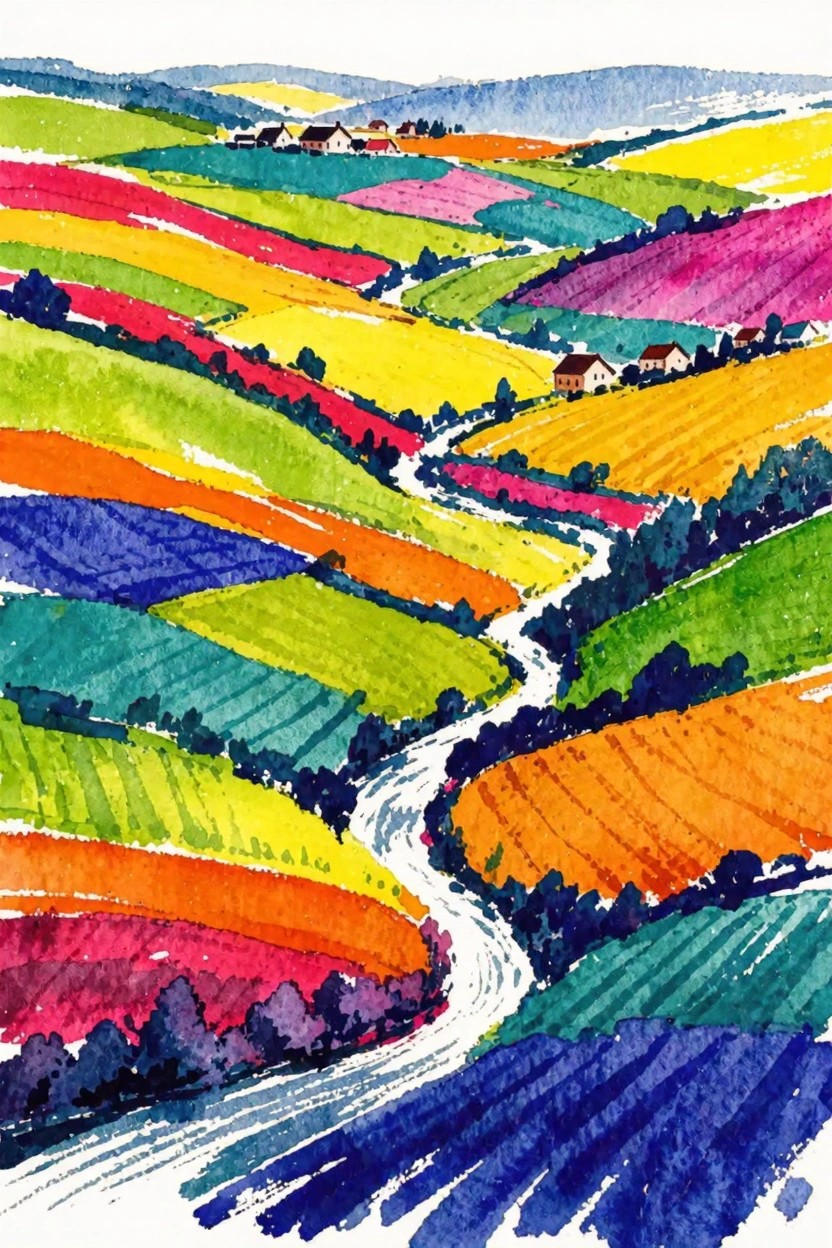 Vibrant watercolor landscape of colorful patchwork fields, rolling hills, winding path and houses