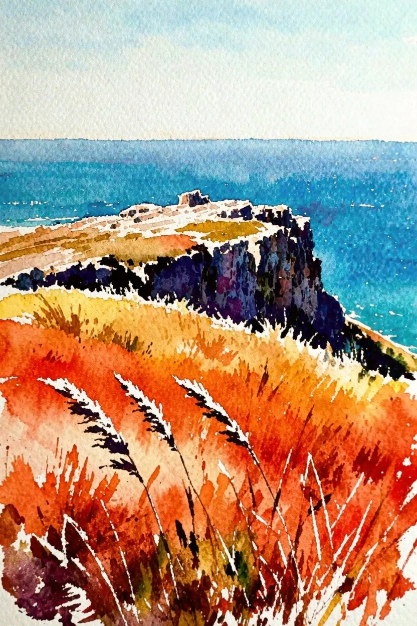 Watercolor of coastal cliff with ruins above blue sea and orange grass foreground