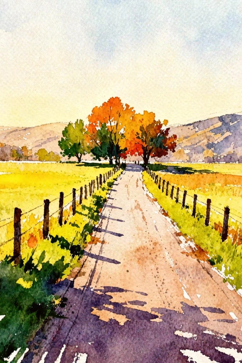 Watercolor of winding rural road with autumn trees, fences, and yellow fields.