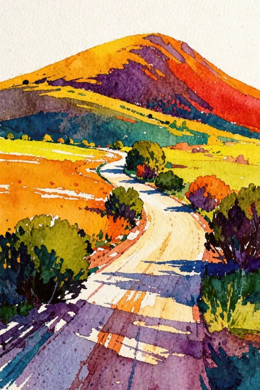 Winding road curving through vibrant yellow fields and colorful autumn hills in watercolor.