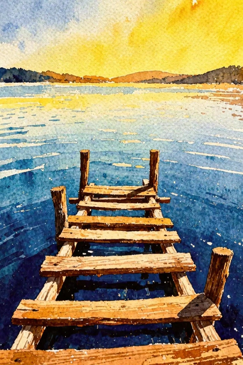 Weathered wooden dock over calm blue water under golden sunset sky with hills.
