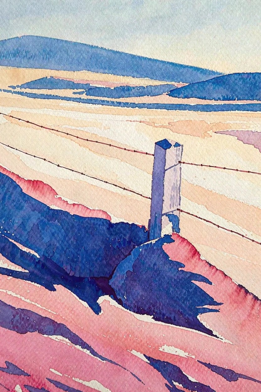 Watercolor landscape of barbed wire fence post amid rolling blue and pink hills