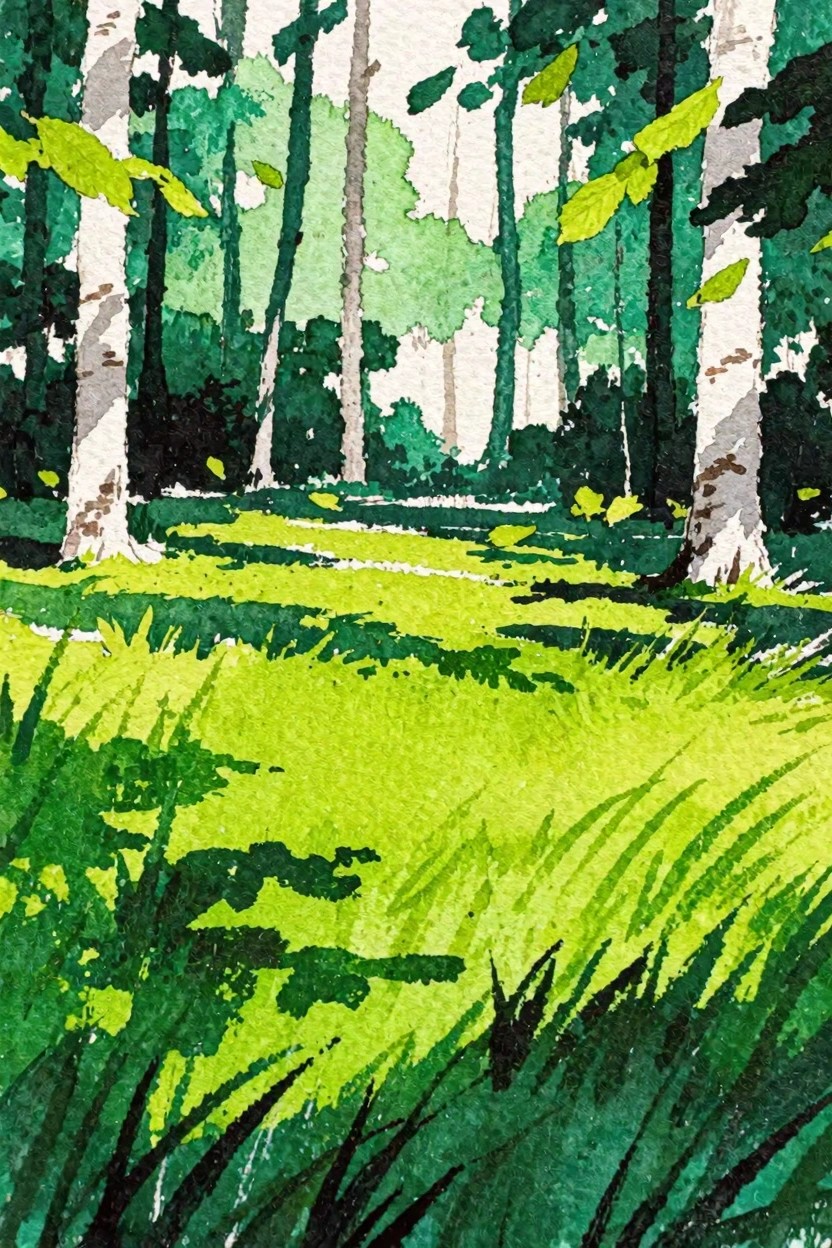 Sunlit forest path winds among tall white-trunked trees with vibrant green foliage.