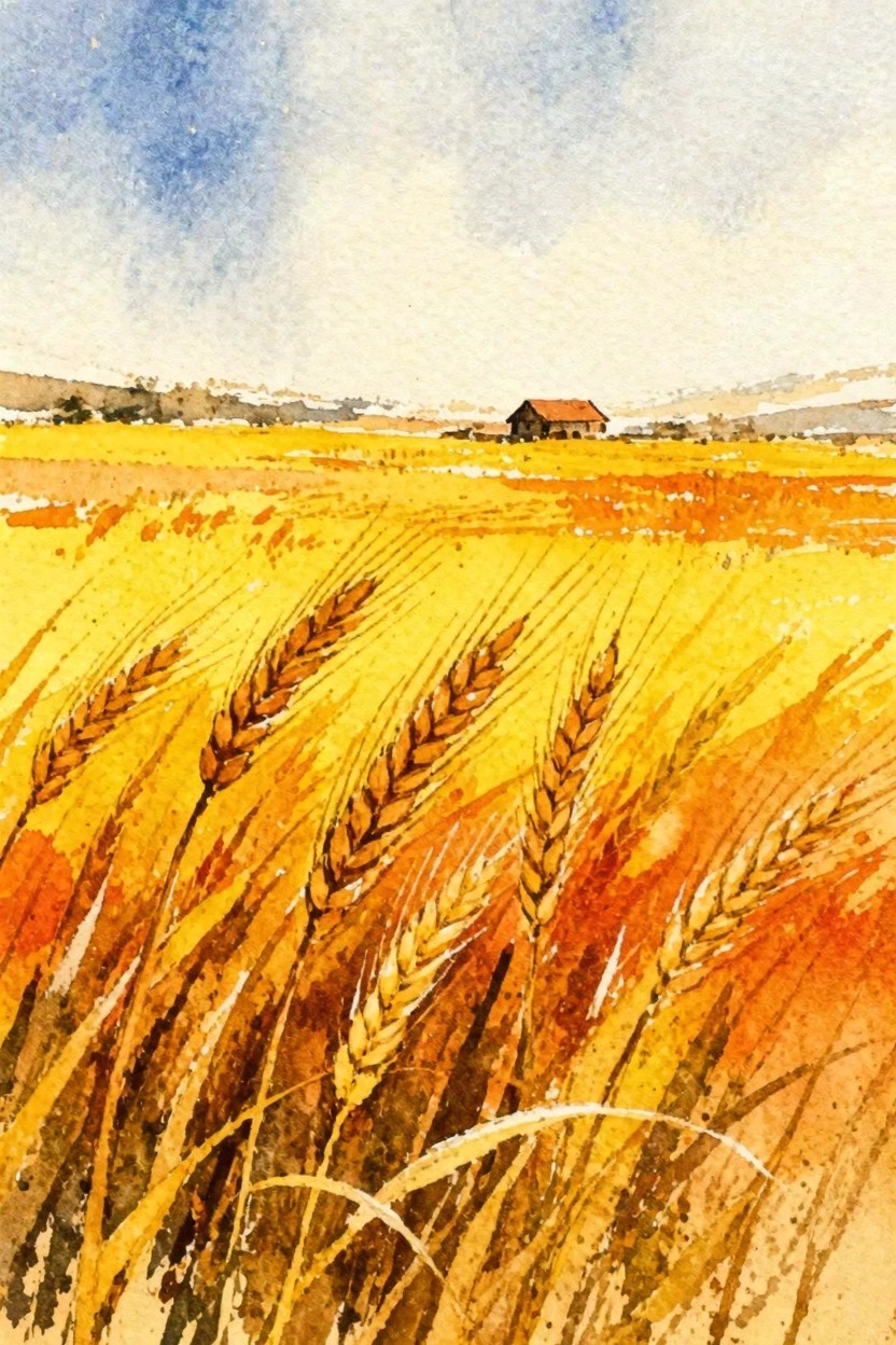 Watercolor of golden-orange wheat stalks in field with distant red-roofed house under blue sky