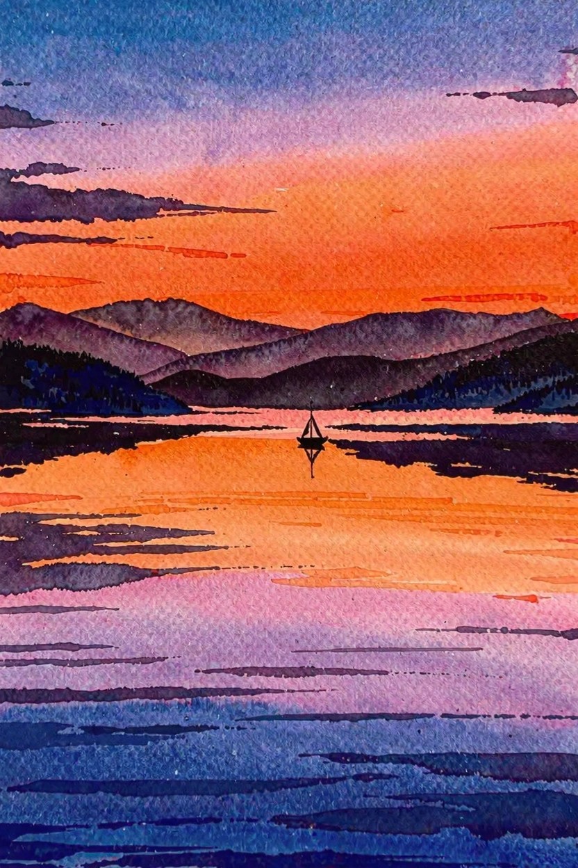 Watercolor sunset over silhouetted mountains with lone sailboat reflected on lake
