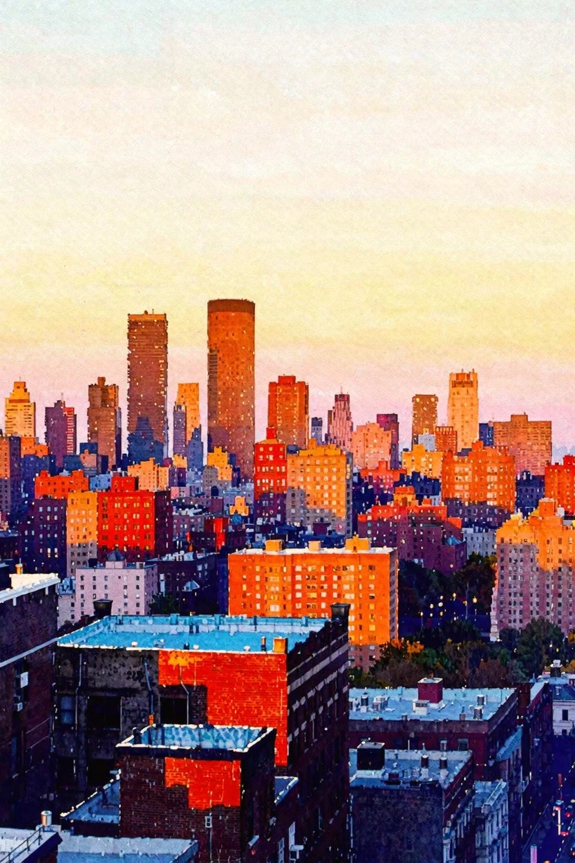 Colorful sunset cityscape with glowing orange high-rises and dense rooftops below