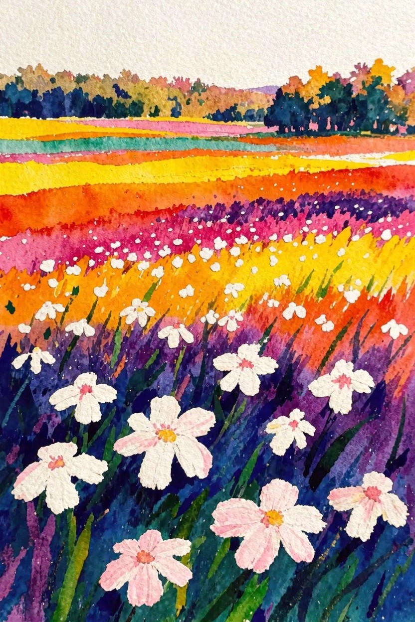 Vibrant watercolor of rainbow-striped fields with white and pink wildflowers in foreground