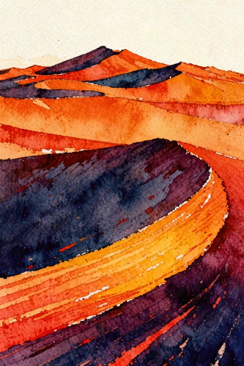 Vibrant watercolor of layered hills in flowing orange, red, and purple hues.