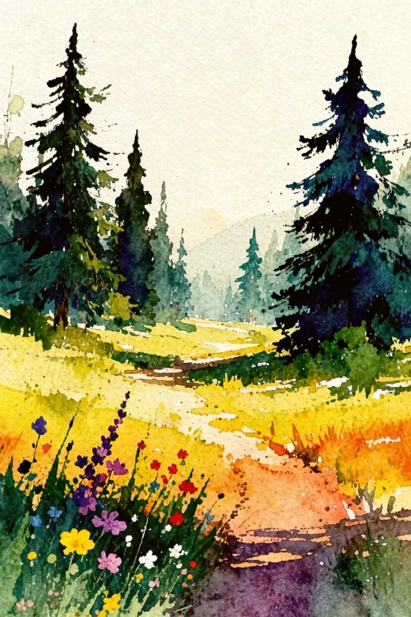 Watercolor landscape of pine trees, winding path, and vibrant wildflowers in meadow
