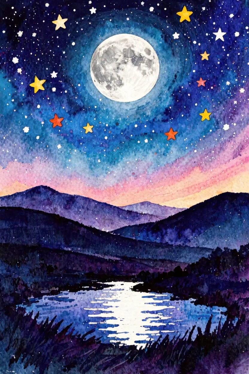 Watercolor night sky with full moon, colorful stars, mountains, and moonlit lake