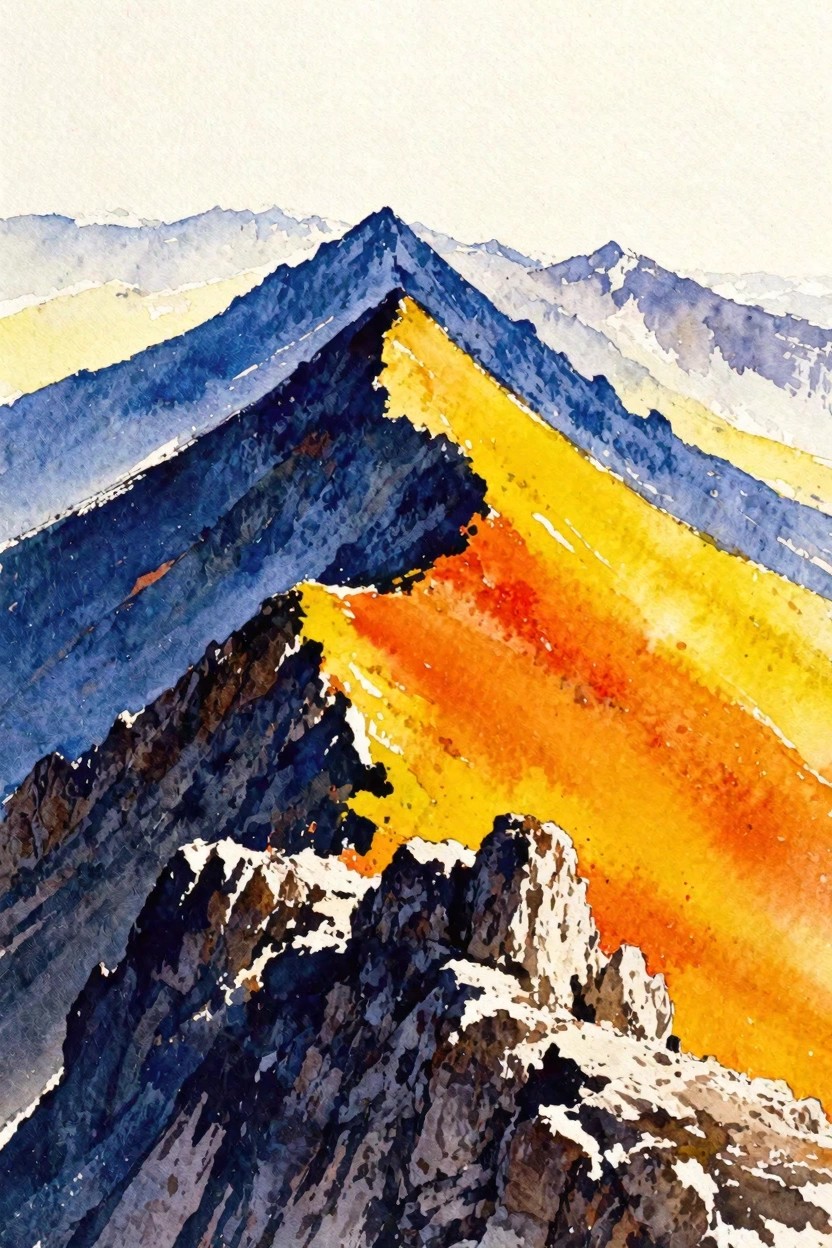 Watercolor of rugged mountain peaks glowing with vibrant orange and yellow light
