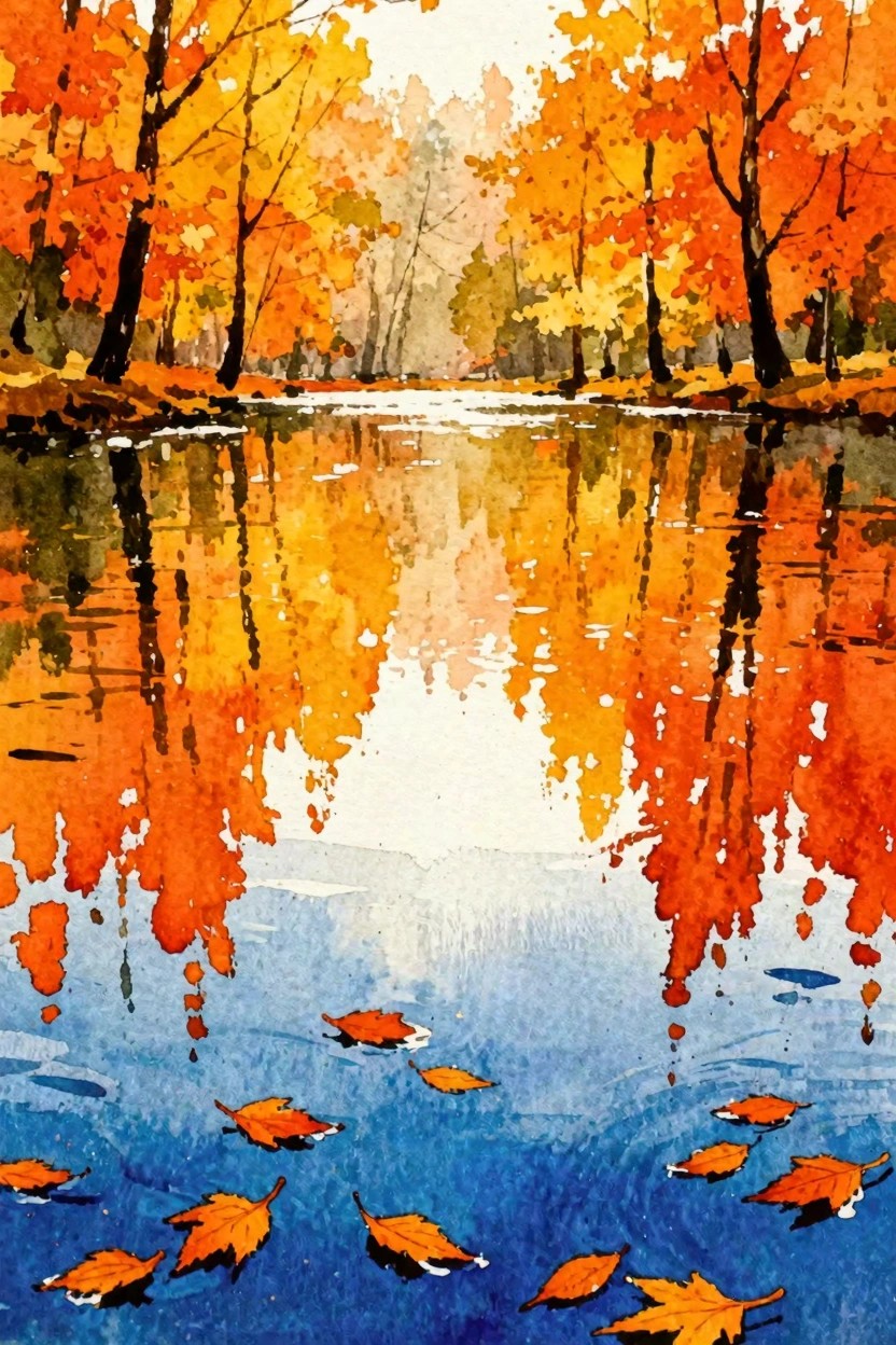 Watercolor of autumn trees with orange reflections in blue water and floating leaves.