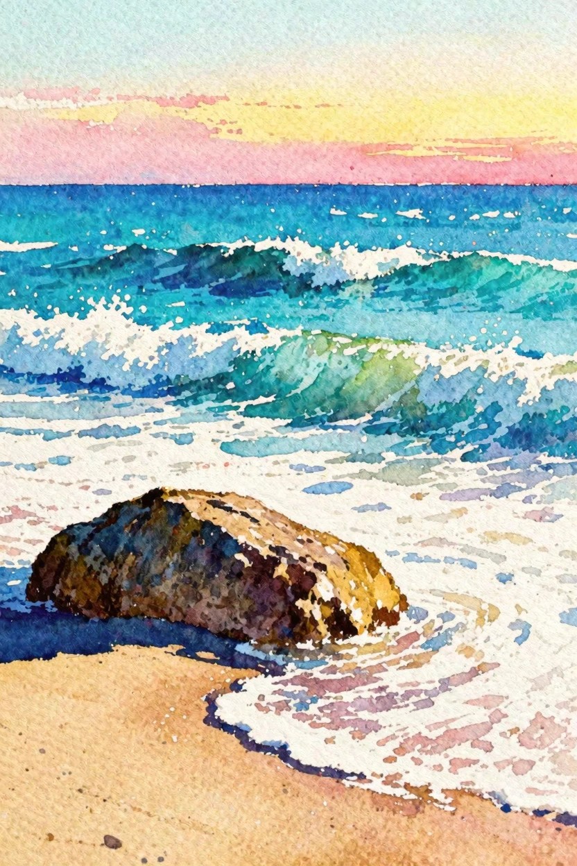 Watercolor painting of turquoise waves, white foam, and a rock on a beach at sunset