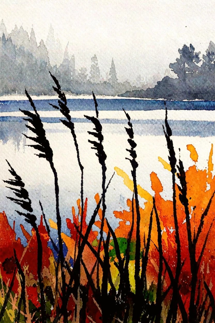 Vibrant watercolor of colorful autumn reeds by a blue lake with misty trees behind