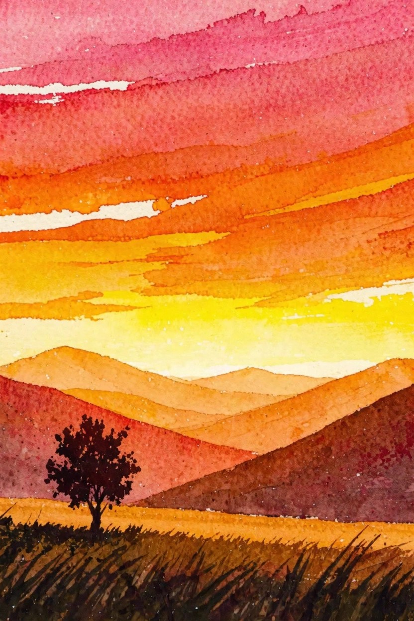 Watercolor sunset with pink-orange skies over layered hills and silhouetted tree.
